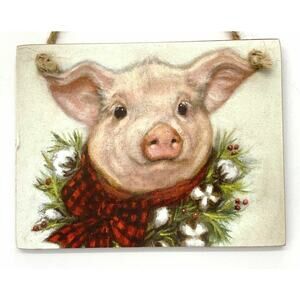 Pink Piggy Ornament Wooden Farmhouse Rustic Christmas Tree Sisal Rope